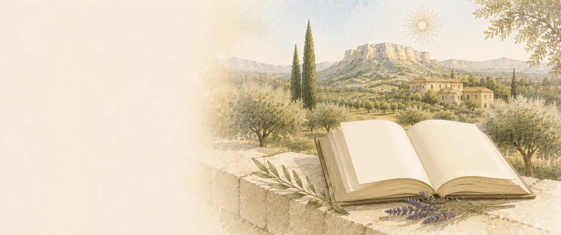 Illustration aquarelle : livre ouvert et branche d'olivier